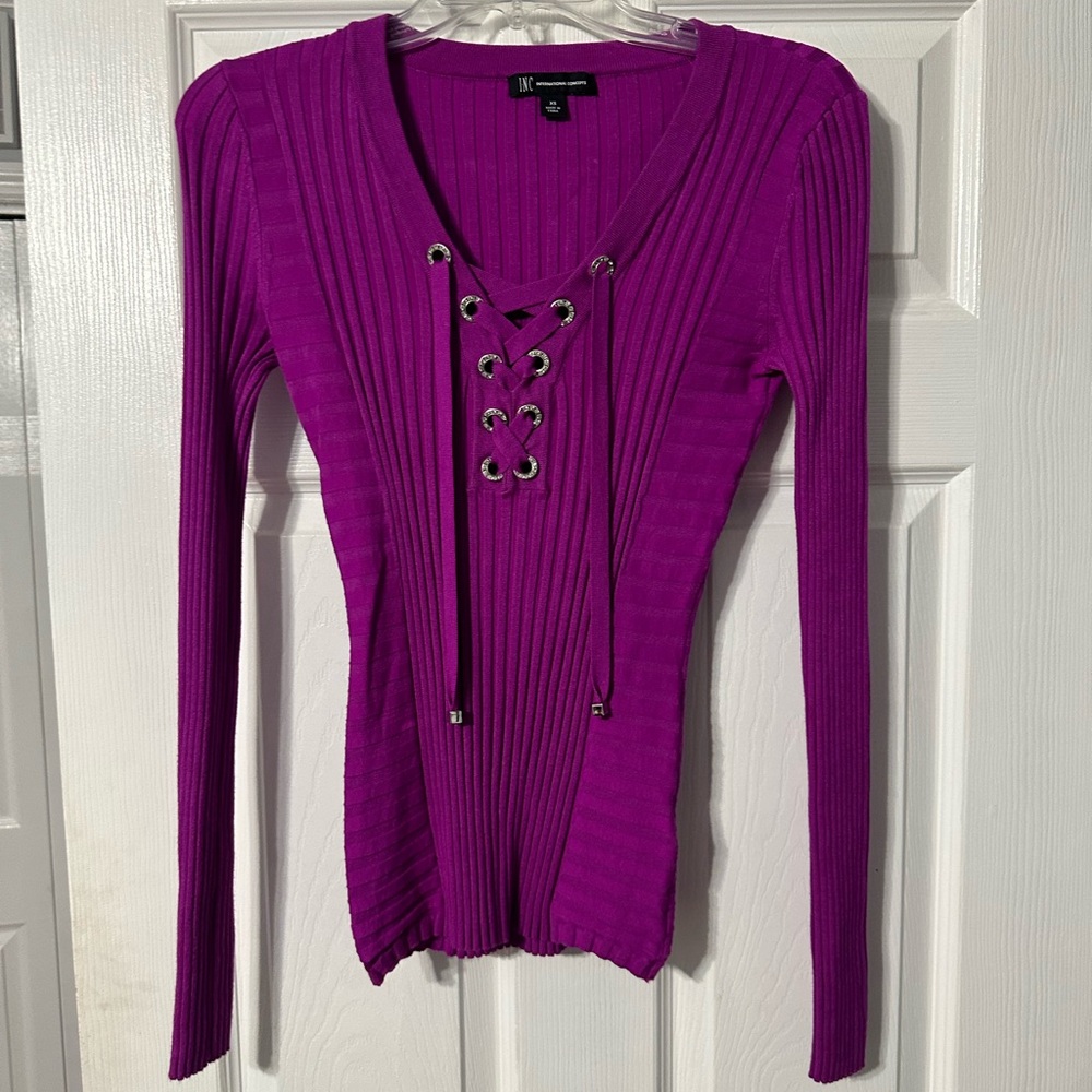 INC Magenta Ribbed Tie Front Sweater